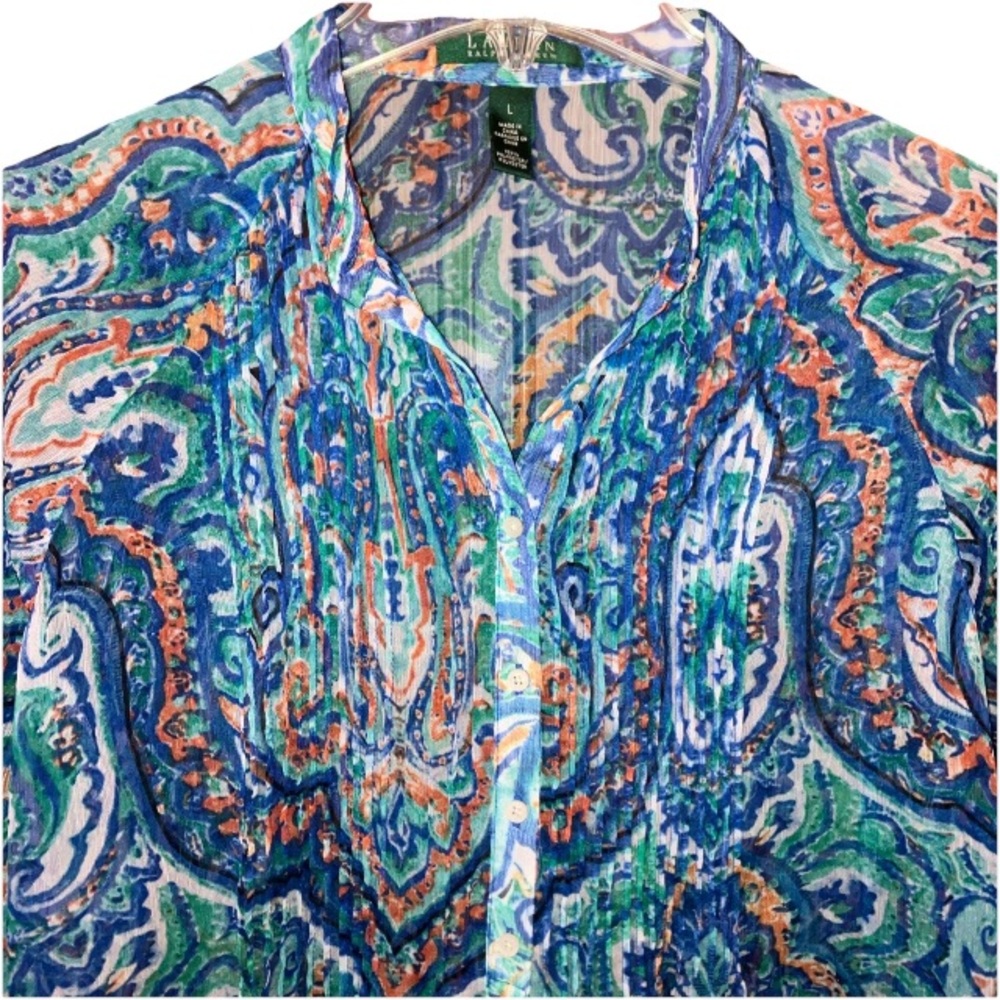 Ralph Lauren Women’s Blue Paisley Half Sleeve Pleated Chiffon Poets Blouse Large - Picture 5 of 10